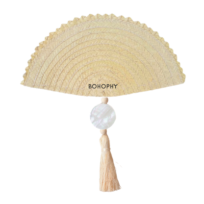 Beige straw hat with a tassel and marbled bead, branded 'BOHOPHY', on a white background