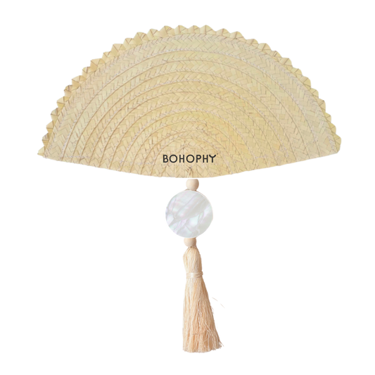Beige straw hat with a tassel and marbled bead, branded 'BOHOPHY', on a white background
